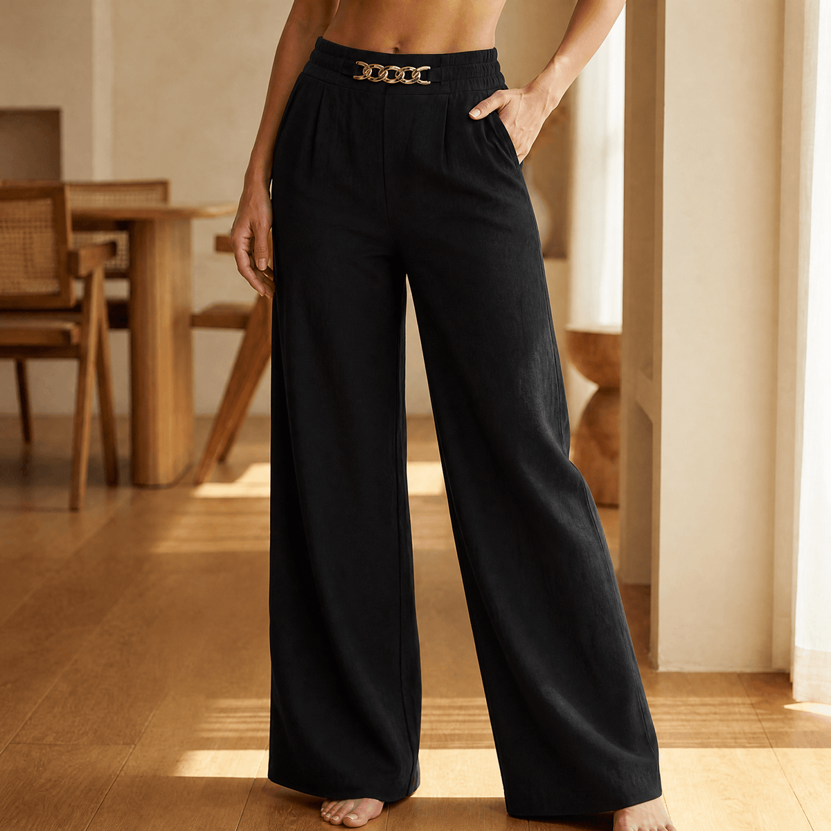 Women's Wide Leg Trousers with Chain Waist