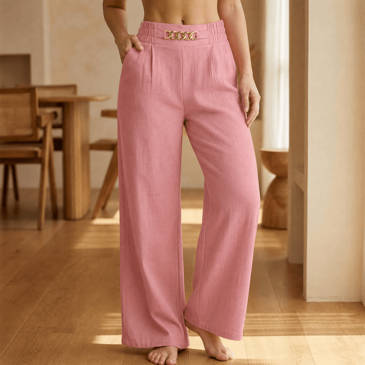 Women's Wide Leg Trousers with Chain Waist