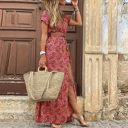 Women's Floral Maxi Dress with V-Neck and Short Sleeves