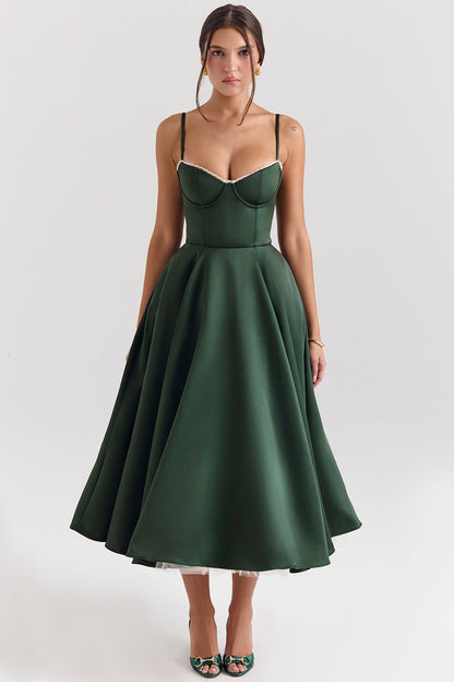 Women's Bustier Midi Dress with Flared Skirt