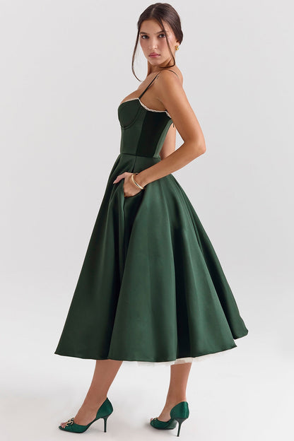 Women's Bustier Midi Dress with Flared Skirt