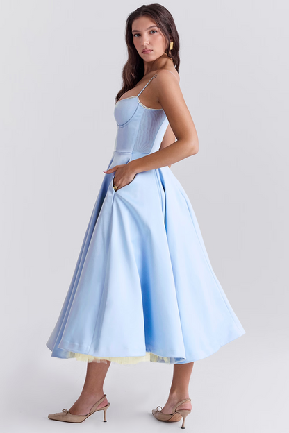 Women's Bustier Midi Dress with Flared Skirt