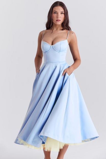 Women's Bustier Midi Dress with Flared Skirt