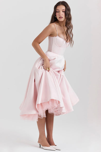 Women's Bustier Midi Dress with Flared Skirt
