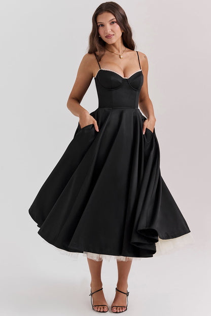 Women's Bustier Midi Dress with Flared Skirt