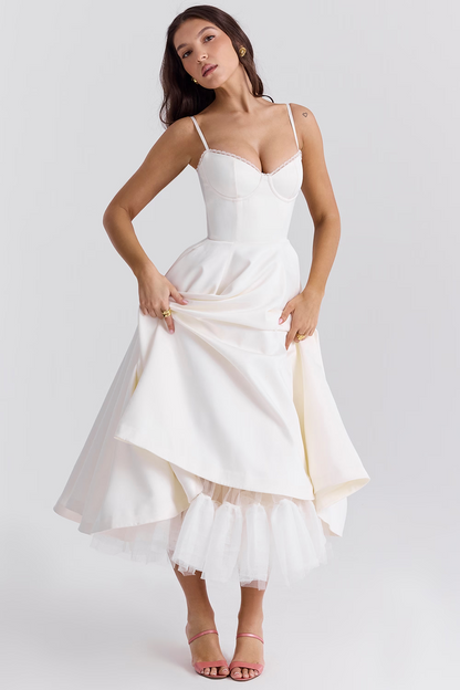 Women's Bustier Midi Dress with Flared Skirt