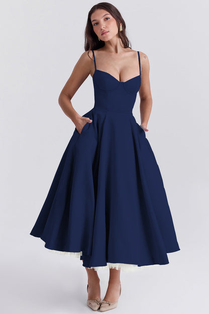 Women's Bustier Midi Dress with Flared Skirt