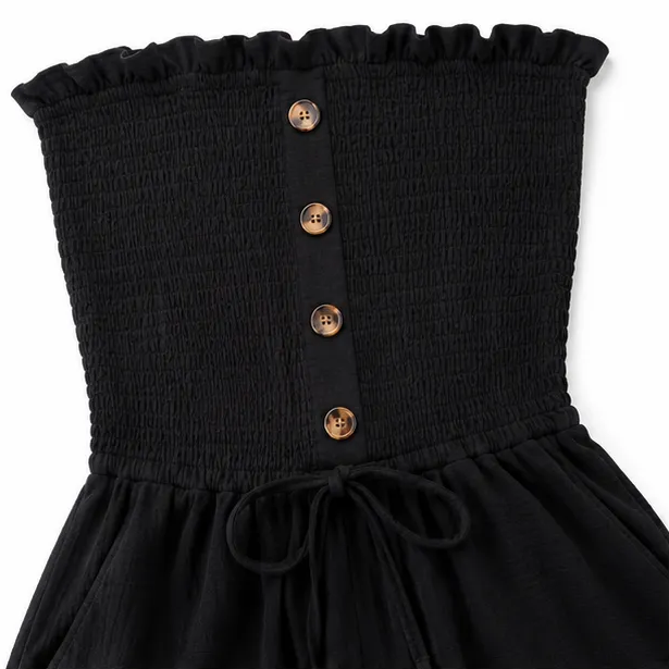 Women's Playsuit – Strapless, Smocked Bodice, Tie Waist