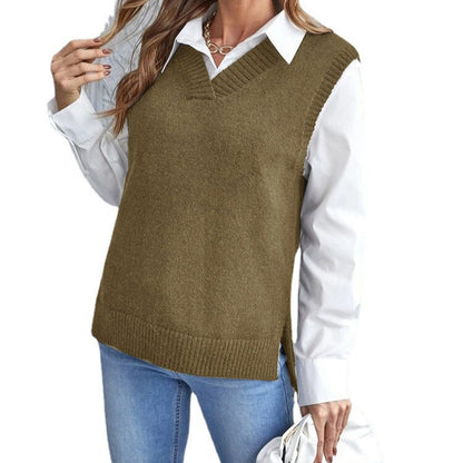 Women's Ribbed V-Neck Knit Vest with Side Slits