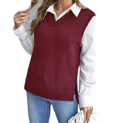 Women's Ribbed V-Neck Knit Vest with Side Slits