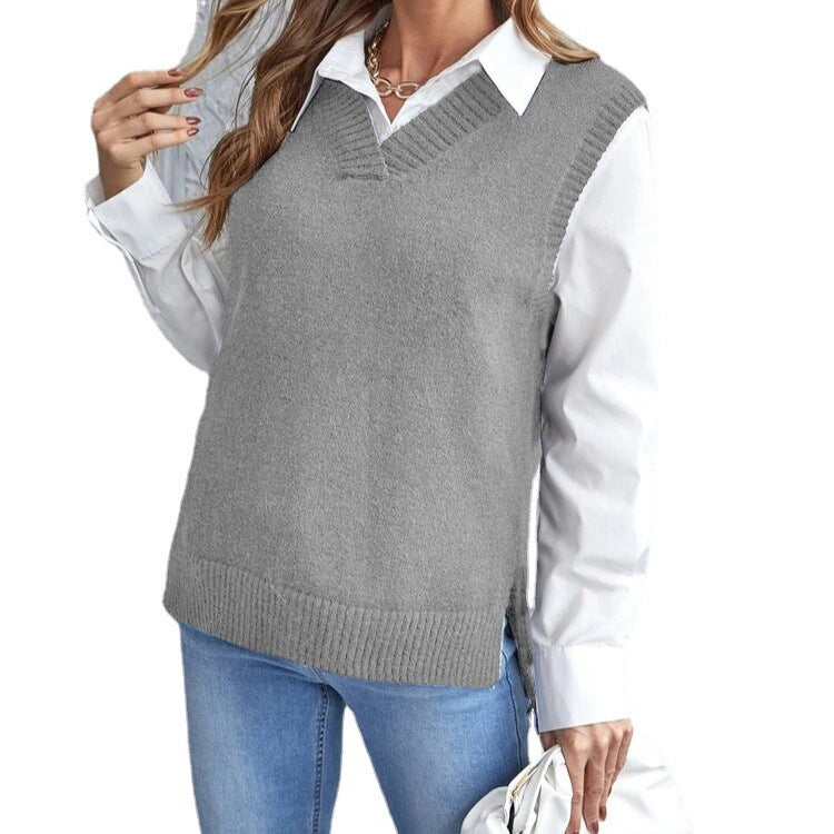 Women's Ribbed V-Neck Knit Vest with Side Slits
