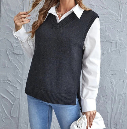 Women's Ribbed V-Neck Knit Vest with Side Slits