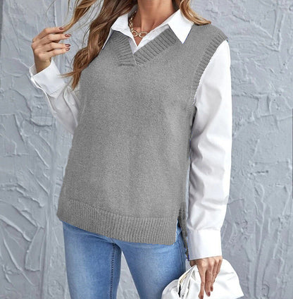 Women's Ribbed V-Neck Knit Vest with Side Slits