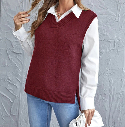 Women's Ribbed V-Neck Knit Vest with Side Slits