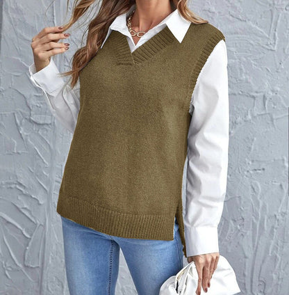 Women's Ribbed V-Neck Knit Vest with Side Slits