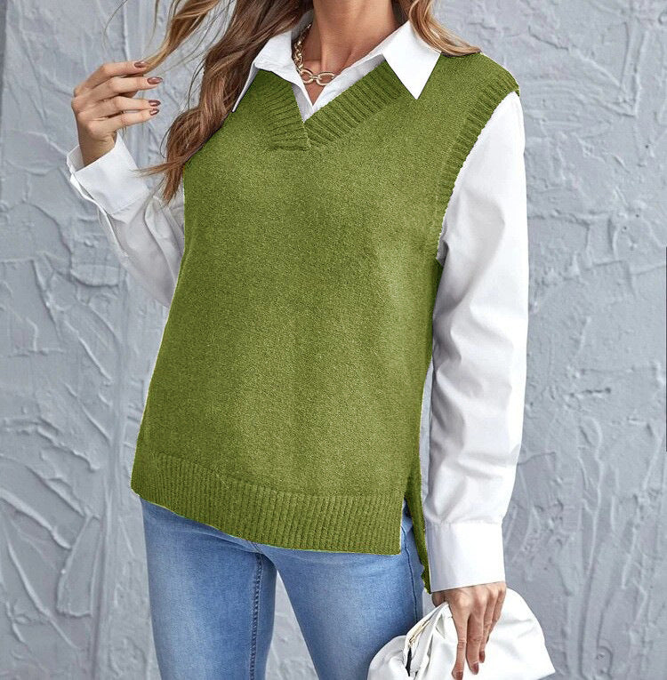 Women's Ribbed V-Neck Knit Vest with Side Slits