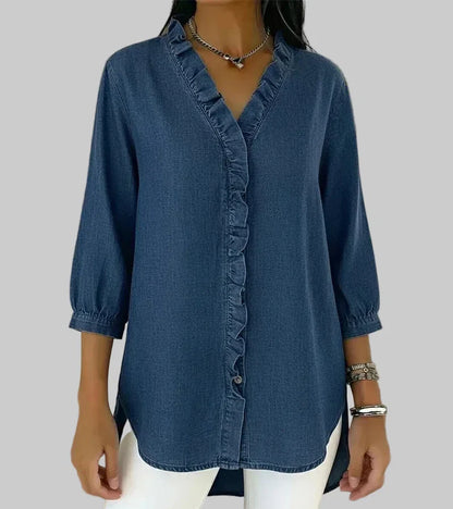 Women's Denim Ruffle V-Neck Blouse with 3/4 Sleeves