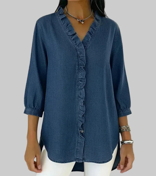 Women's Denim Ruffle V-Neck Blouse with 3/4 Sleeves