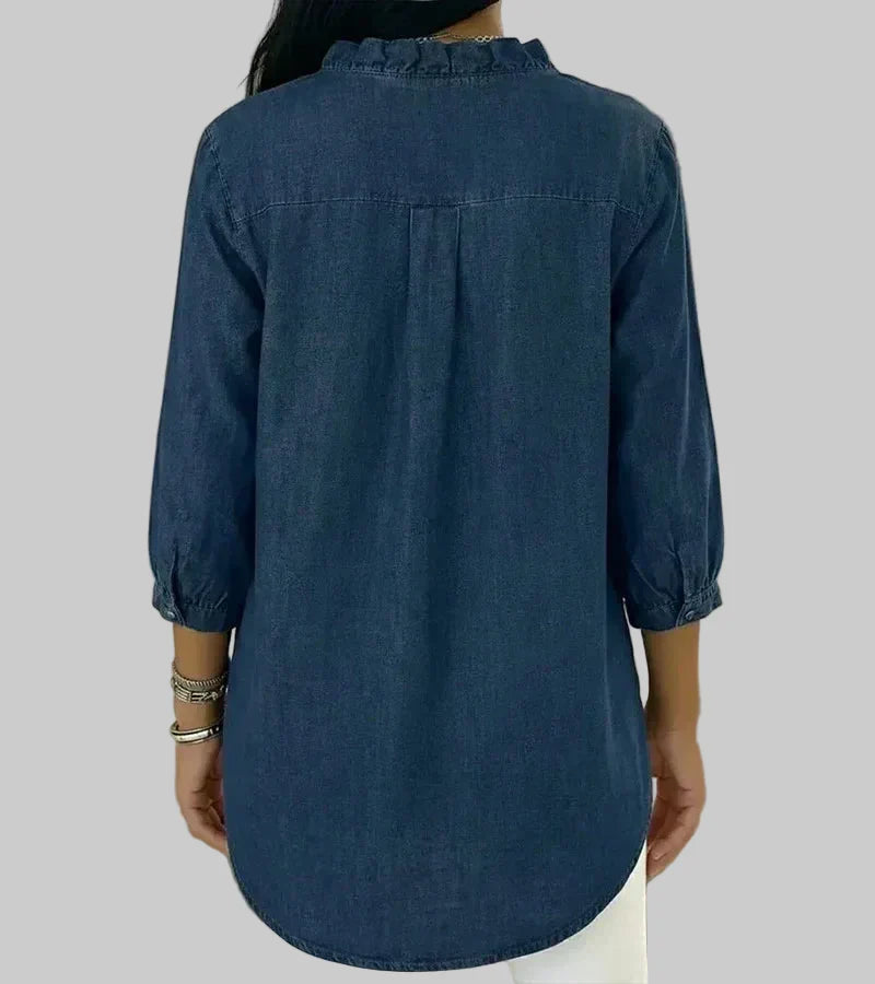 Women's Denim Ruffle V-Neck Blouse with 3/4 Sleeves