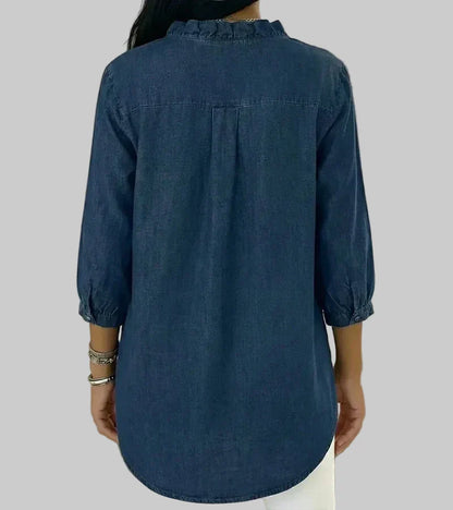 Women's Denim Ruffle V-Neck Blouse with 3/4 Sleeves