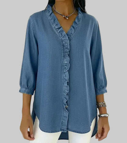 Women's Denim Ruffle V-Neck Blouse with 3/4 Sleeves
