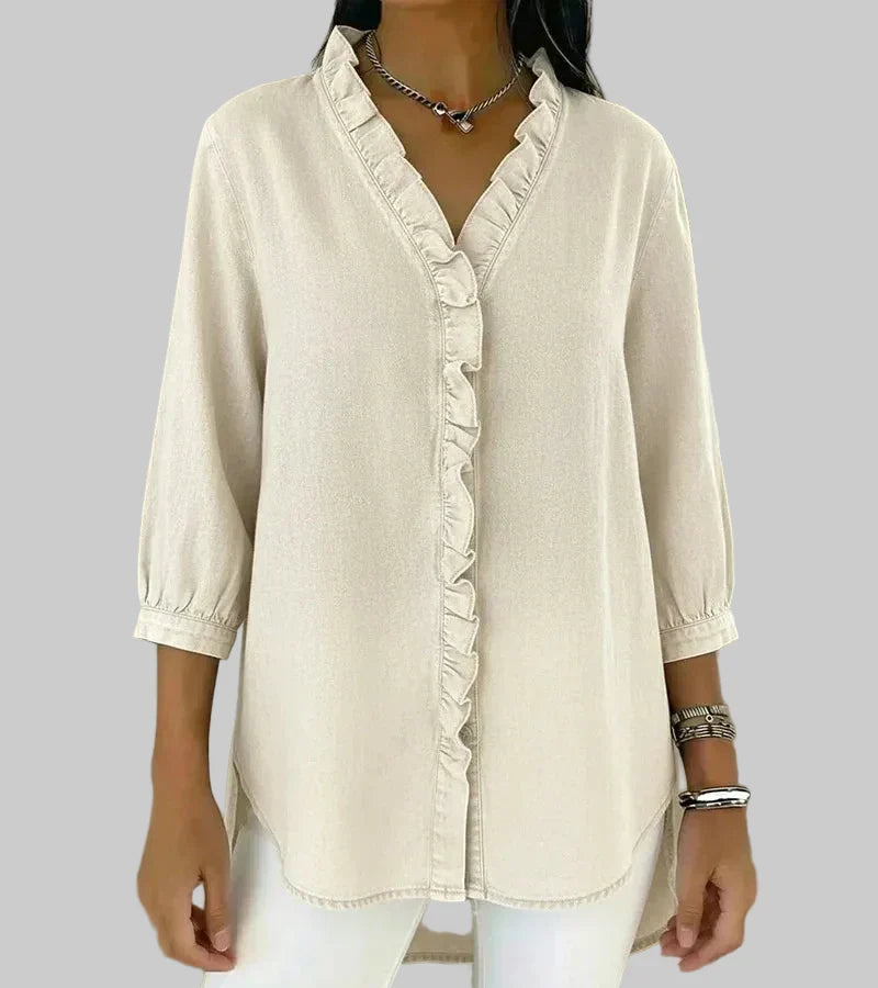 Women's Denim Ruffle V-Neck Blouse with 3/4 Sleeves