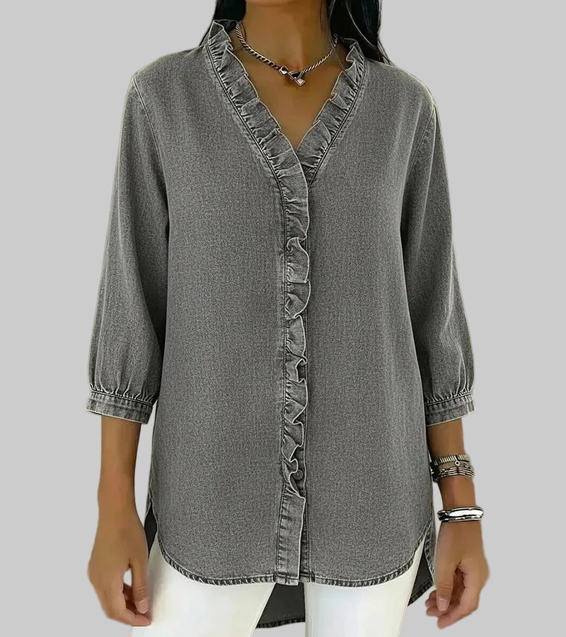 Women's Denim Ruffle V-Neck Blouse with 3/4 Sleeves
