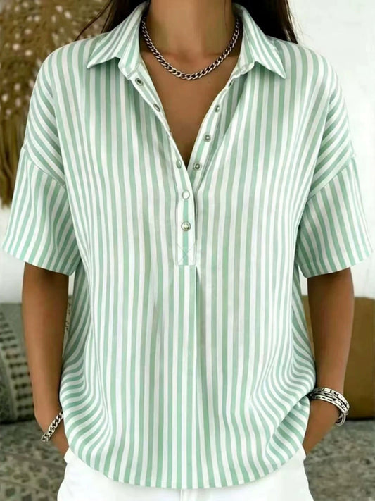 Women's Striped Short Sleeve Blouse with Collar