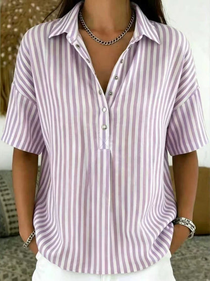Women's Striped Short Sleeve Blouse with Collar