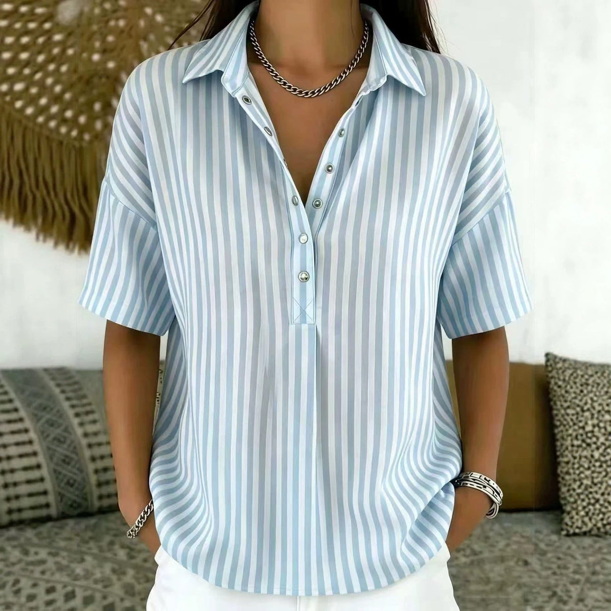 Women's Striped Short Sleeve Blouse with Collar