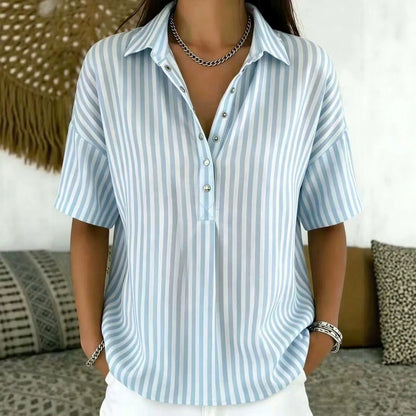 Women's Striped Short Sleeve Blouse with Collar