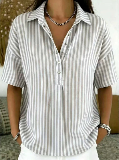 Women's Striped Short Sleeve Blouse with Collar