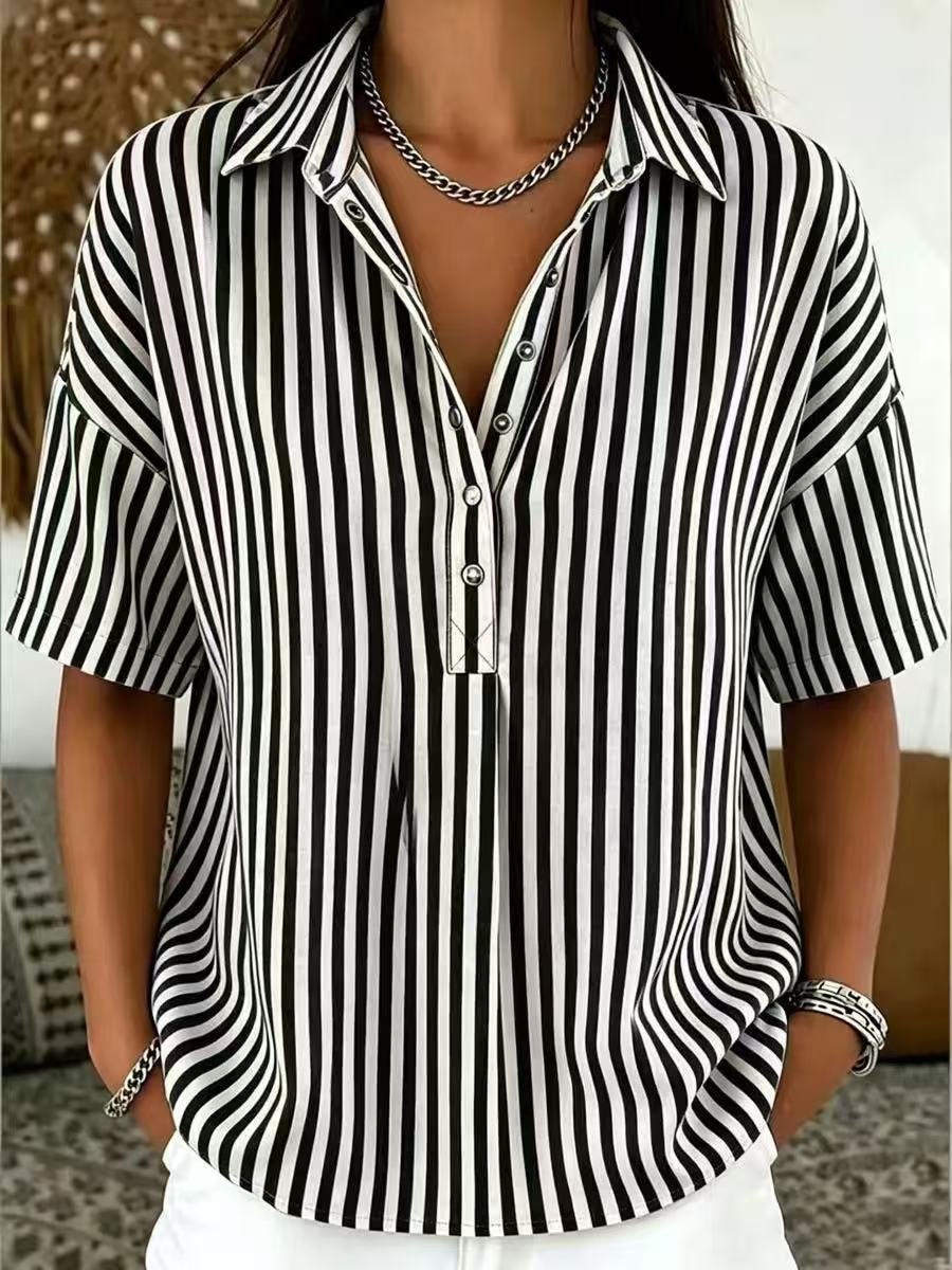 Women's Striped Short Sleeve Blouse with Collar