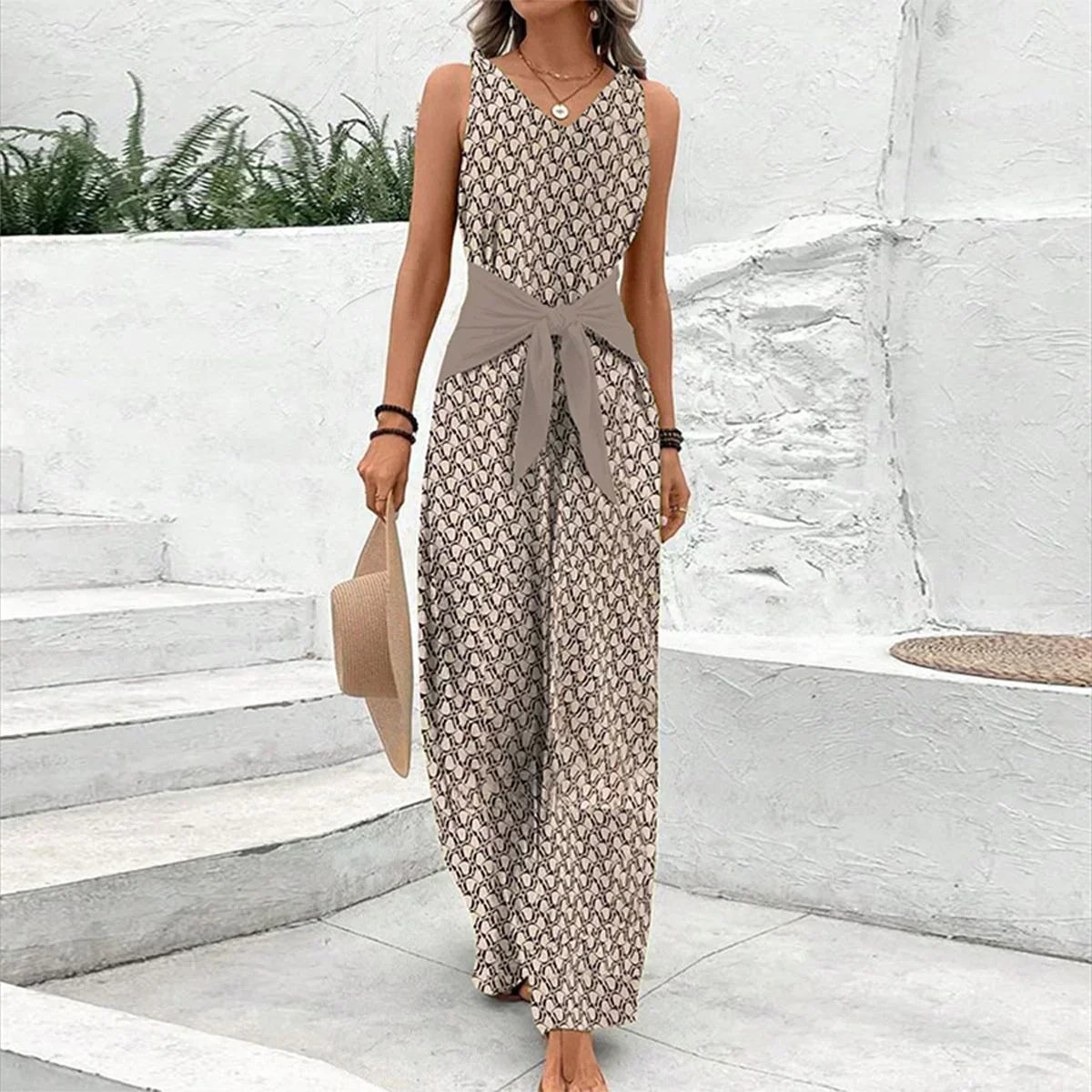 Women's Printed V-Neck Wide Leg Jumpsuit