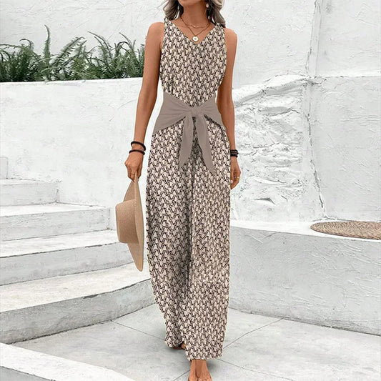 Women's Printed V-Neck Wide Leg Jumpsuit