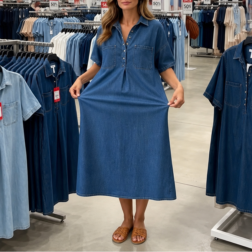 Women's Denim Midi Dress – Collared, Short Sleeves, Pockets