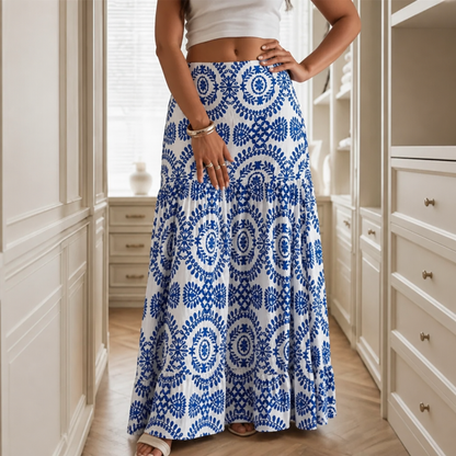 Women's Maxi Skirt – Tiered, Geometric Print, Elastic Waist