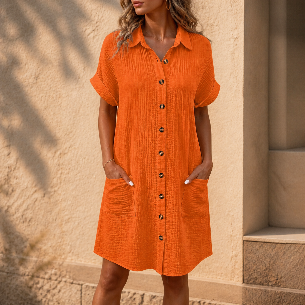 Women's Midi Shirt Dress – Short Sleeve, Pockets, Textured Weave