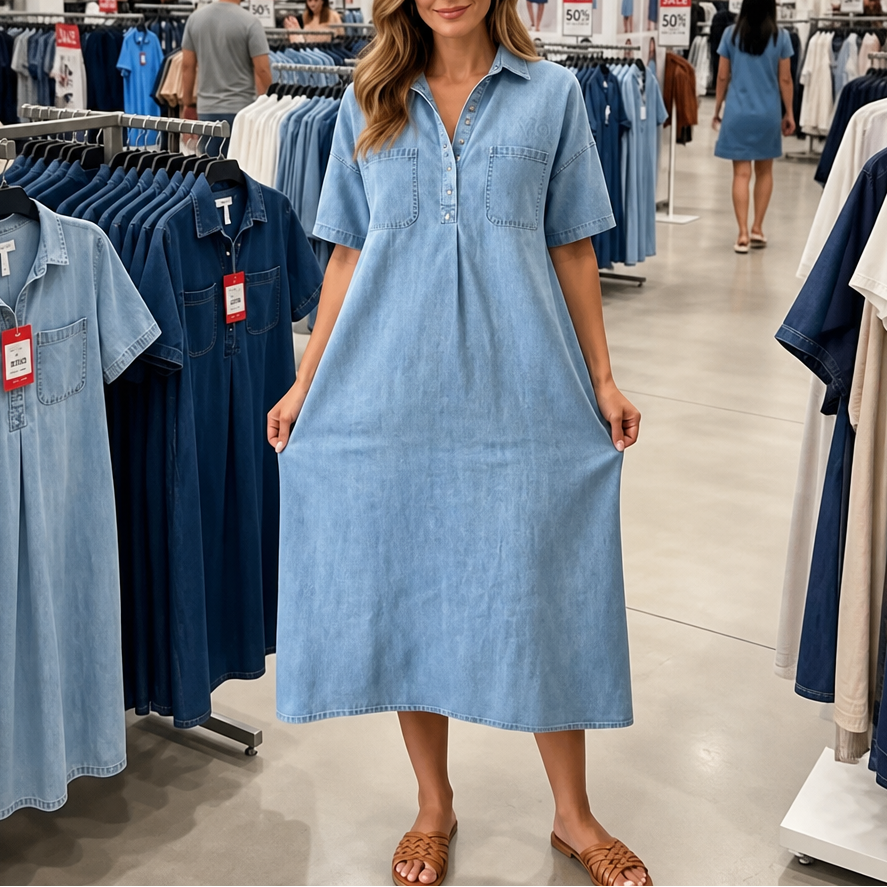 Women's Denim Midi Dress – Collared, Short Sleeves, Pockets