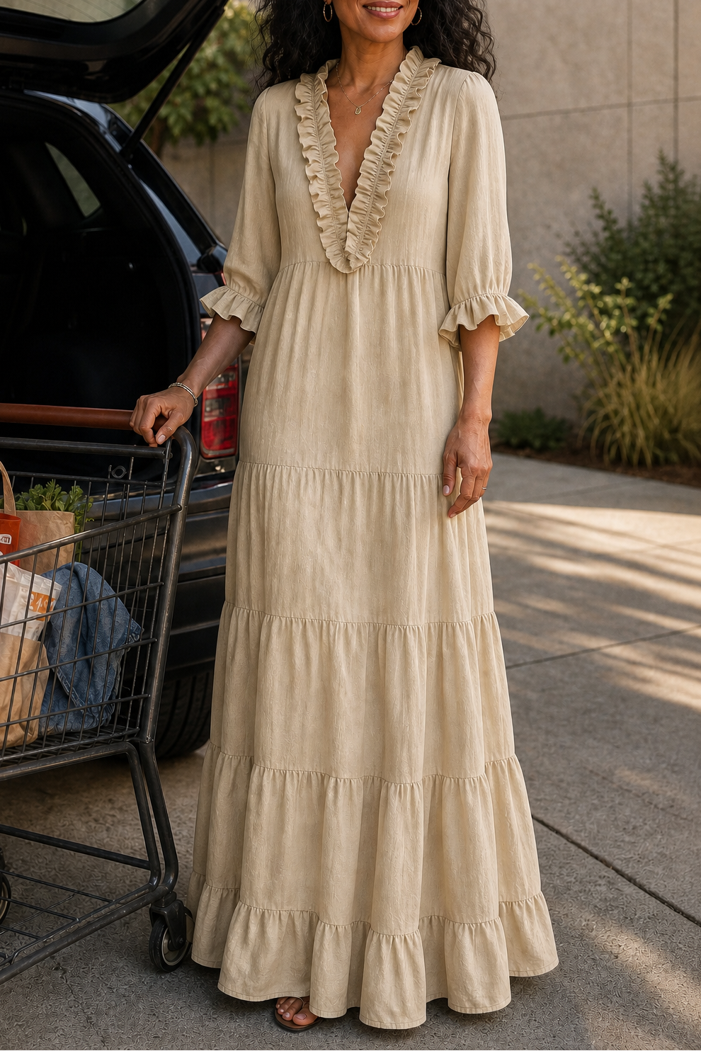 Women's Tiered Maxi Dress – Ruffled V-Neck, Woven Fabric