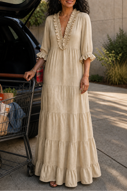Women's Tiered Maxi Dress – Ruffled V-Neck, Woven Fabric