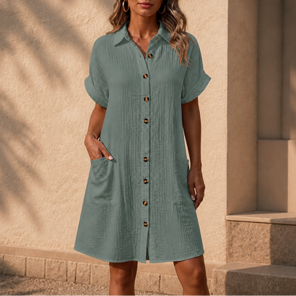 Women's Midi Shirt Dress – Short Sleeve, Pockets, Textured Weave