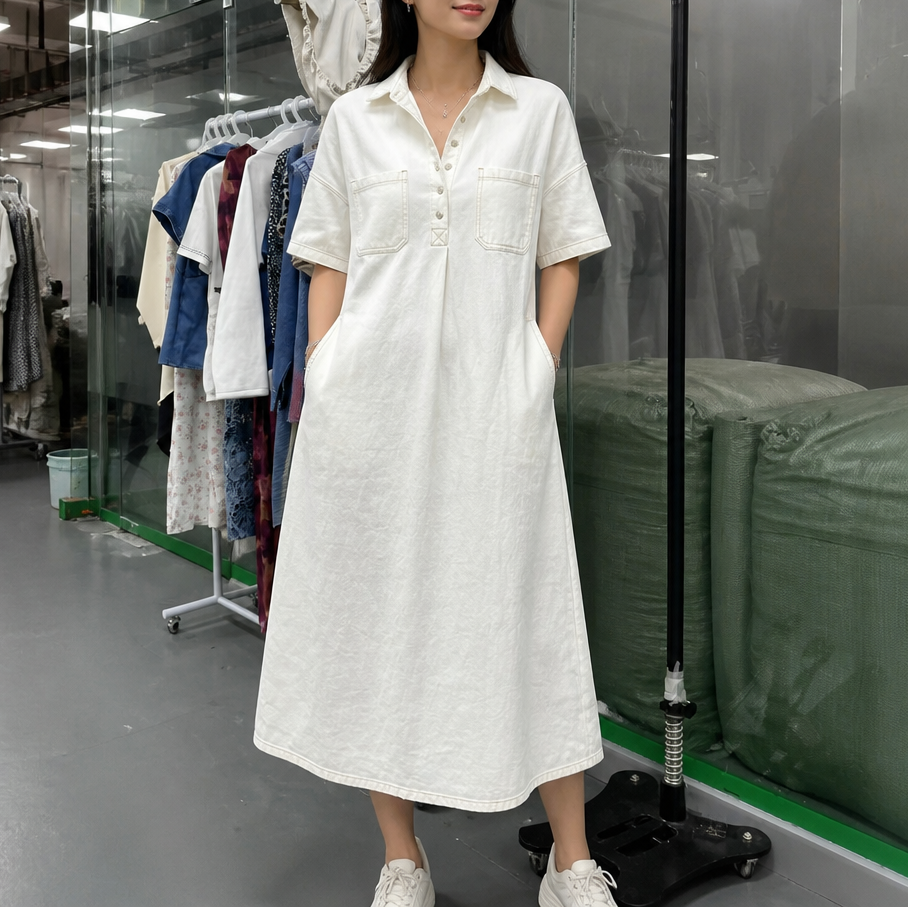Women's Denim Midi Dress – Collared, Short Sleeves, Pockets