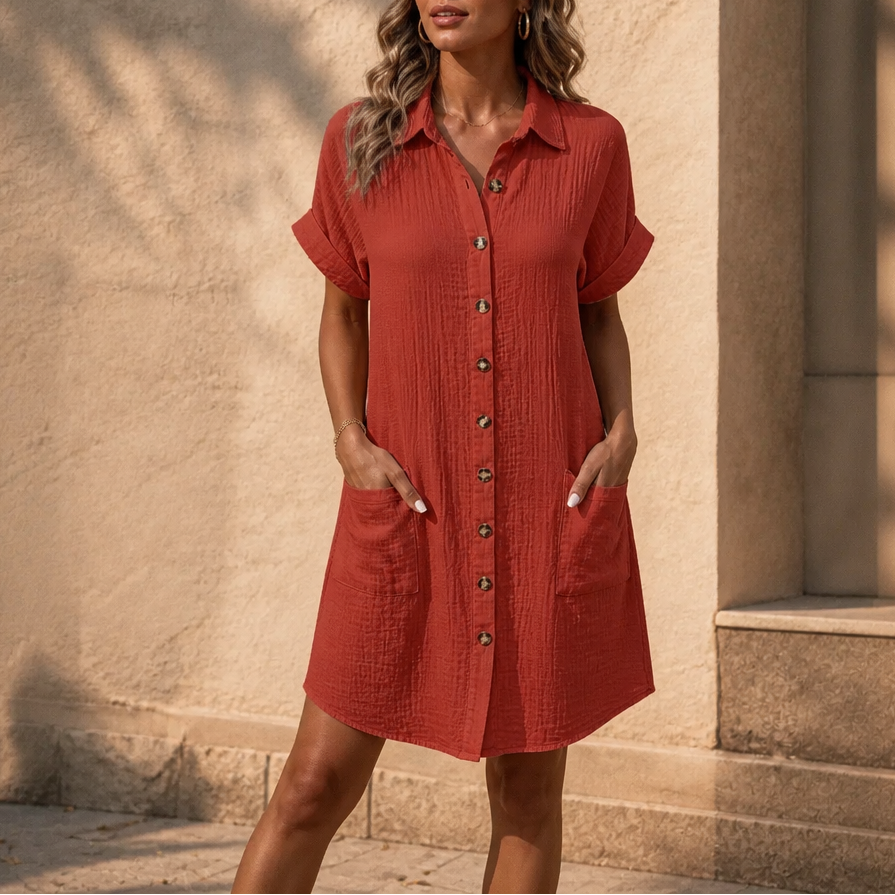 Women's Midi Shirt Dress – Short Sleeve, Pockets, Textured Weave