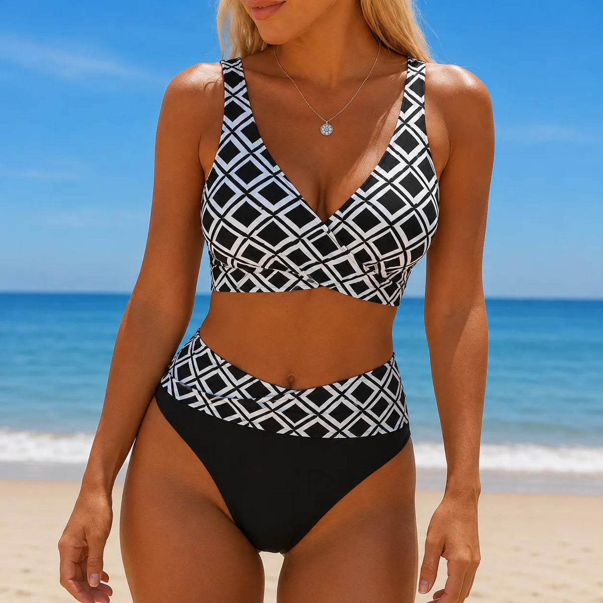Women's Diamond Print Bikini Set – High-Waist, Wrap Front