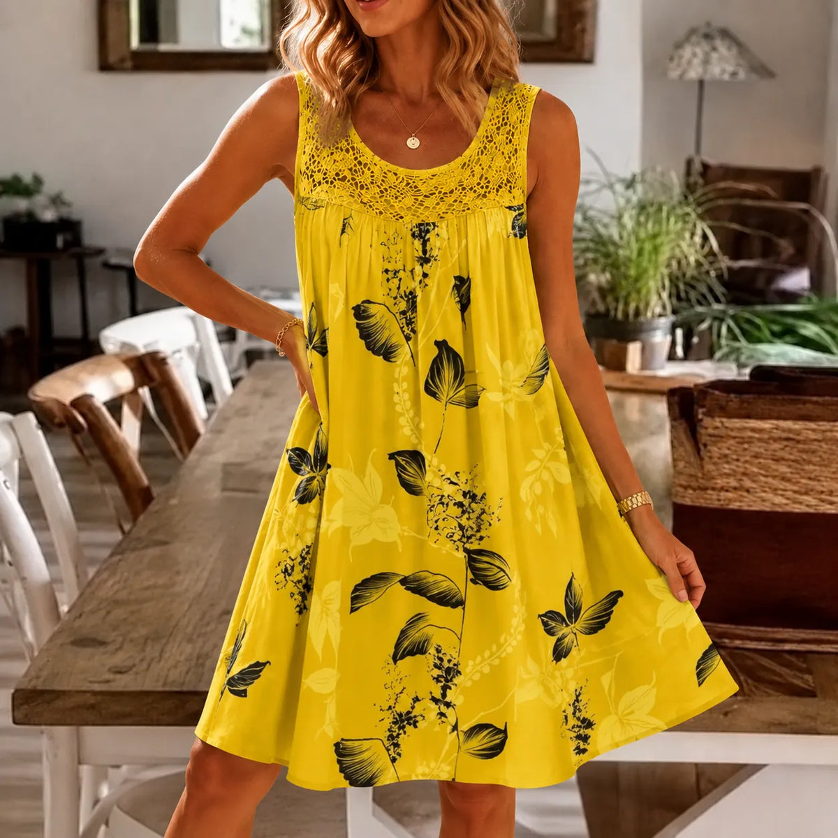 Women's Summer Mini Dress – Lace Yoke, A-Line Fit
