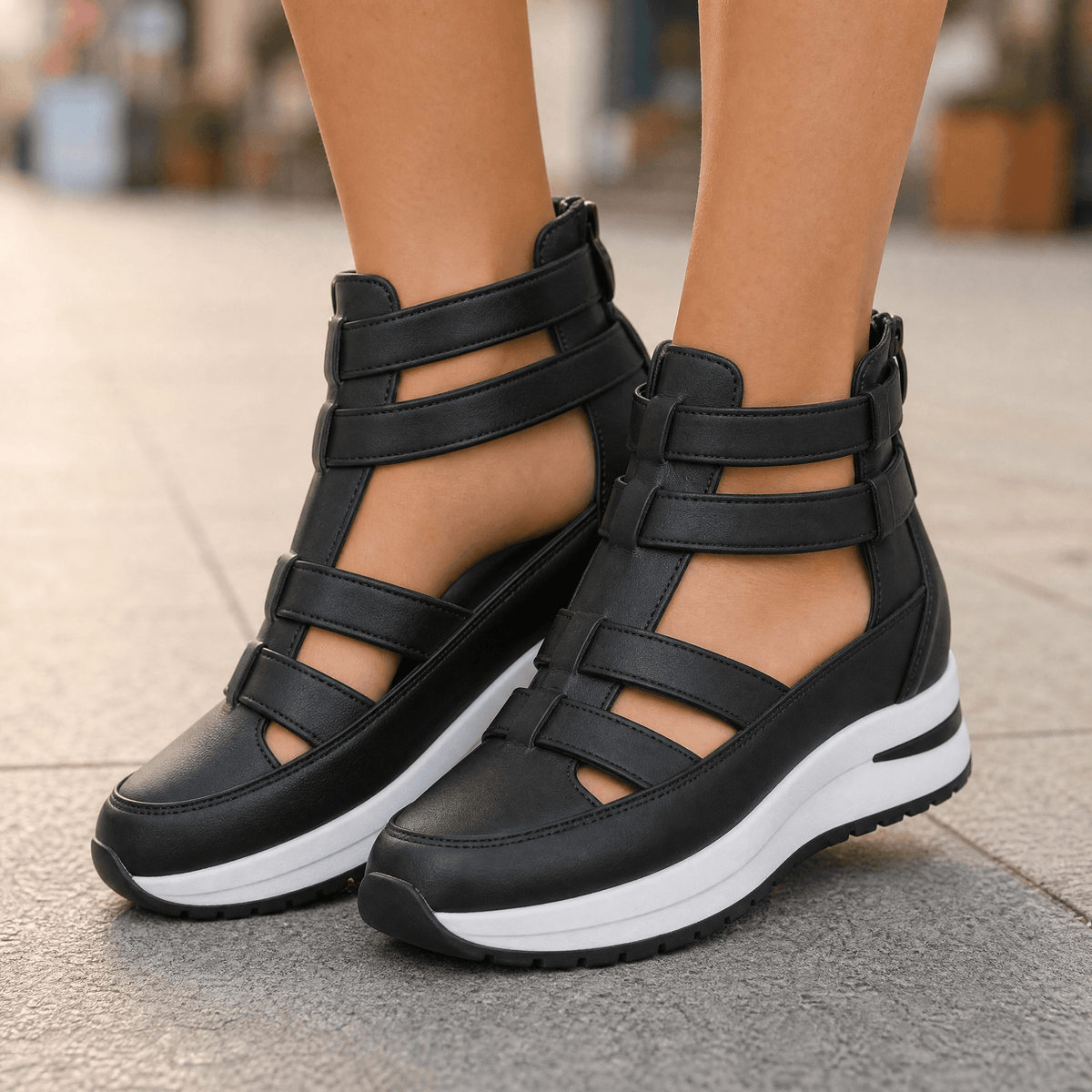 Women's Platform Sandals – Caged Straps, Zip, Cushioned Sole