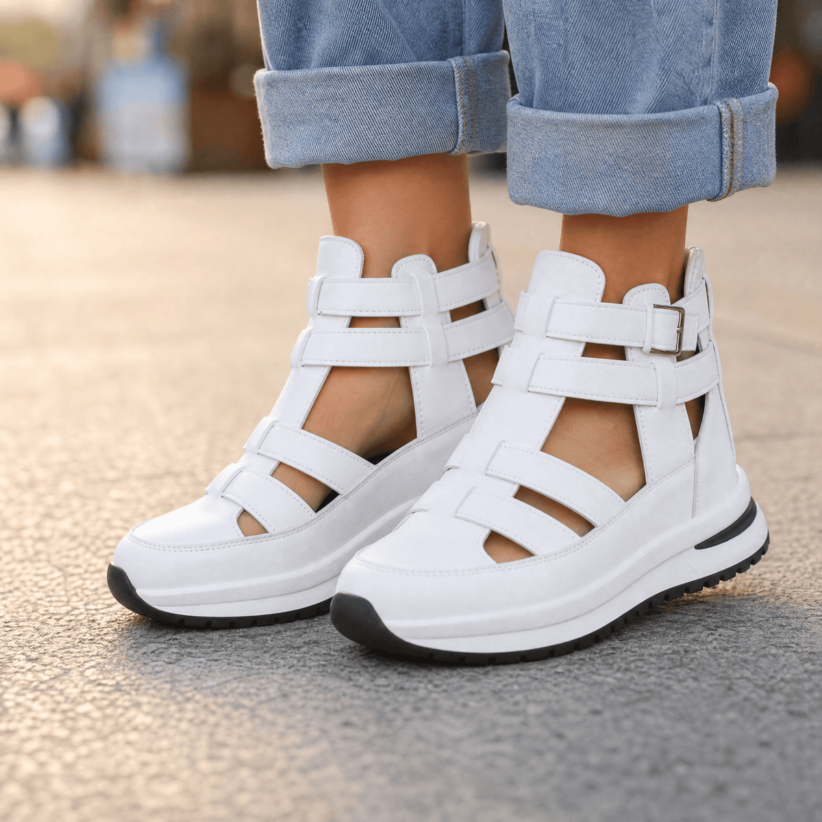 Women's Platform Sandals – Caged Straps, Zip, Cushioned Sole
