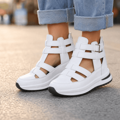 Women's Platform Sandals – Caged Straps, Zip, Cushioned Sole