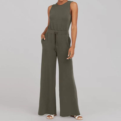 Women's Sleeveless Wide Leg Jumpsuit with Drawstring